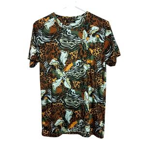 Jungle Animal Print Boho Leaf Top Women's Small Buttery Soft‎ Stretch Blouse
